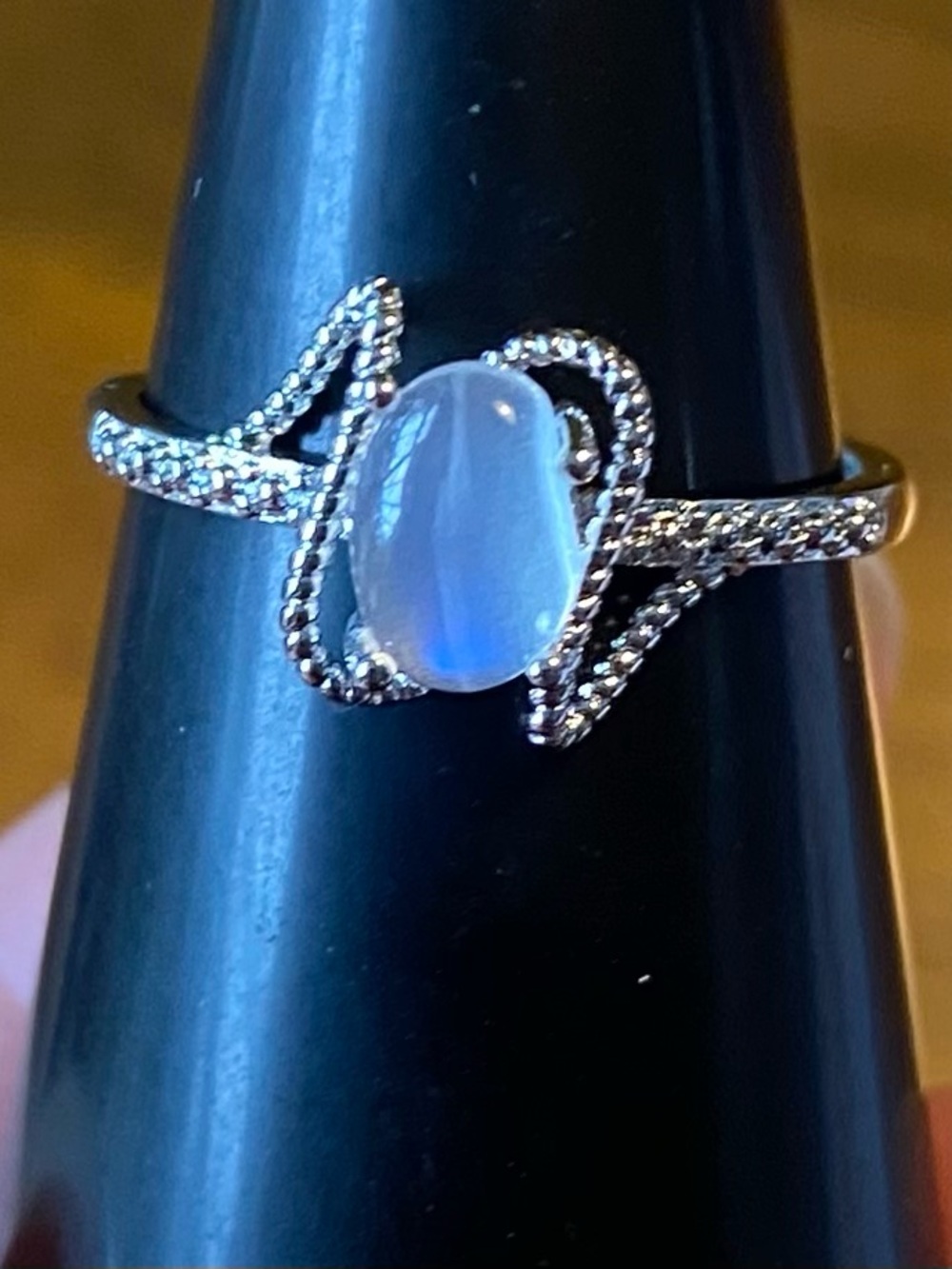 Moonstone Halo Ring with Pavé Accents - Adjustable, Stainless